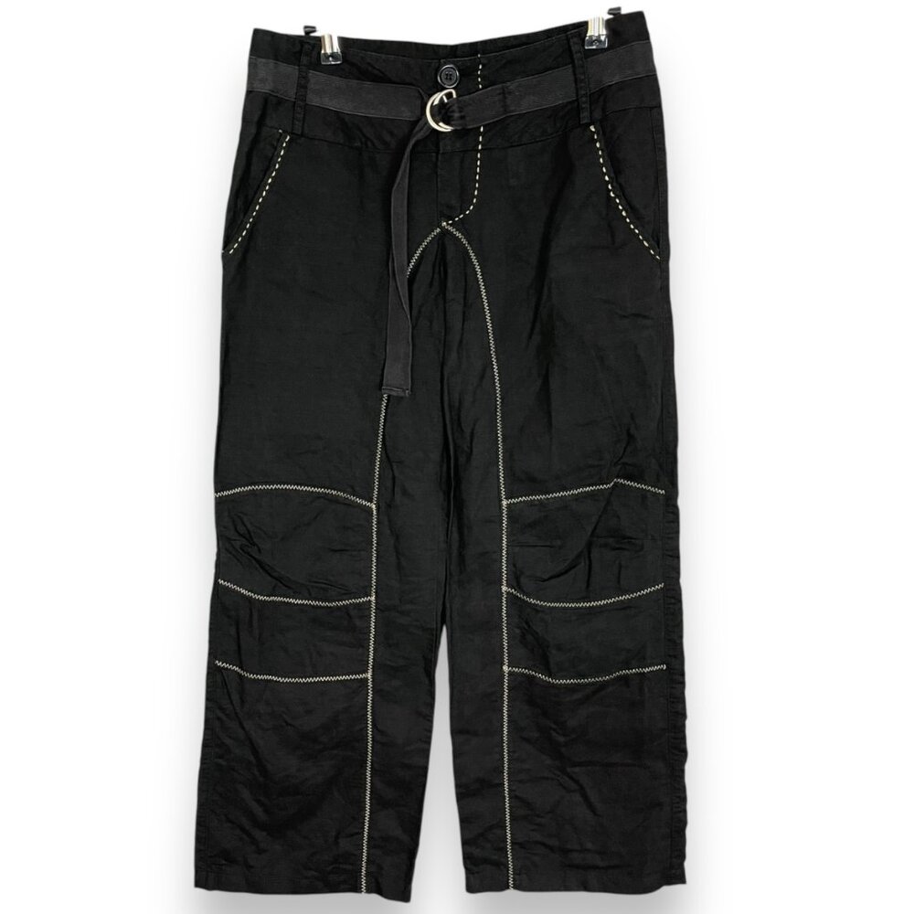 Black Pants Linen Cotton‎ Buckle Waist Size 2 Low Rise Cropped Skater Casual